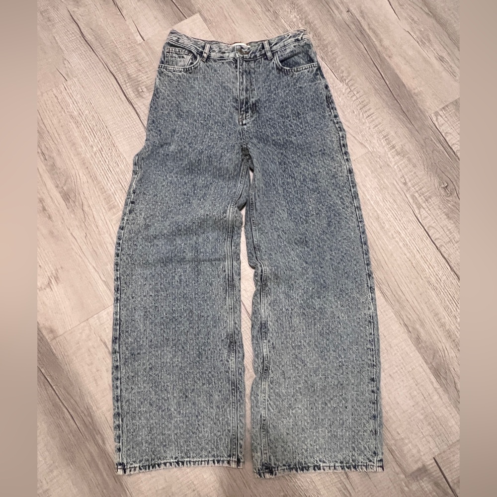 Zara Wide Leg Legged Pants Textured Blue Denim Jeans Size 4 Y2K Festival
